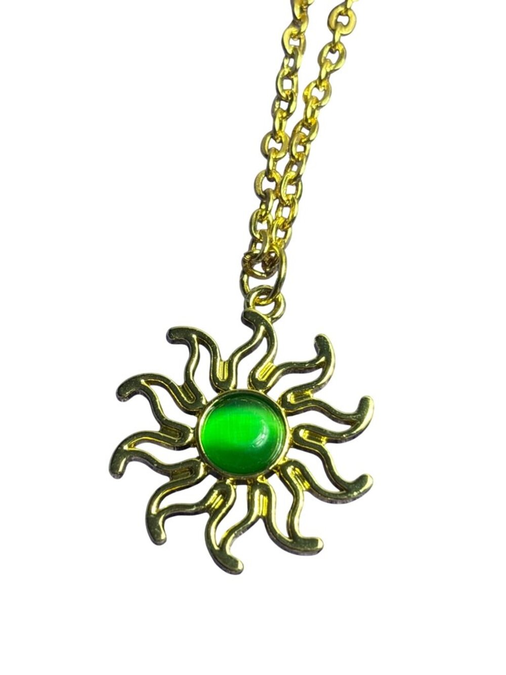 Goldtone Pendant Necklace Green Cat's Eye Cabochon 18 - 18.5 inches Long Pendant